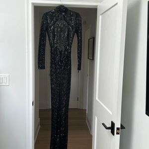 Black sheer open back sequin dress gown
